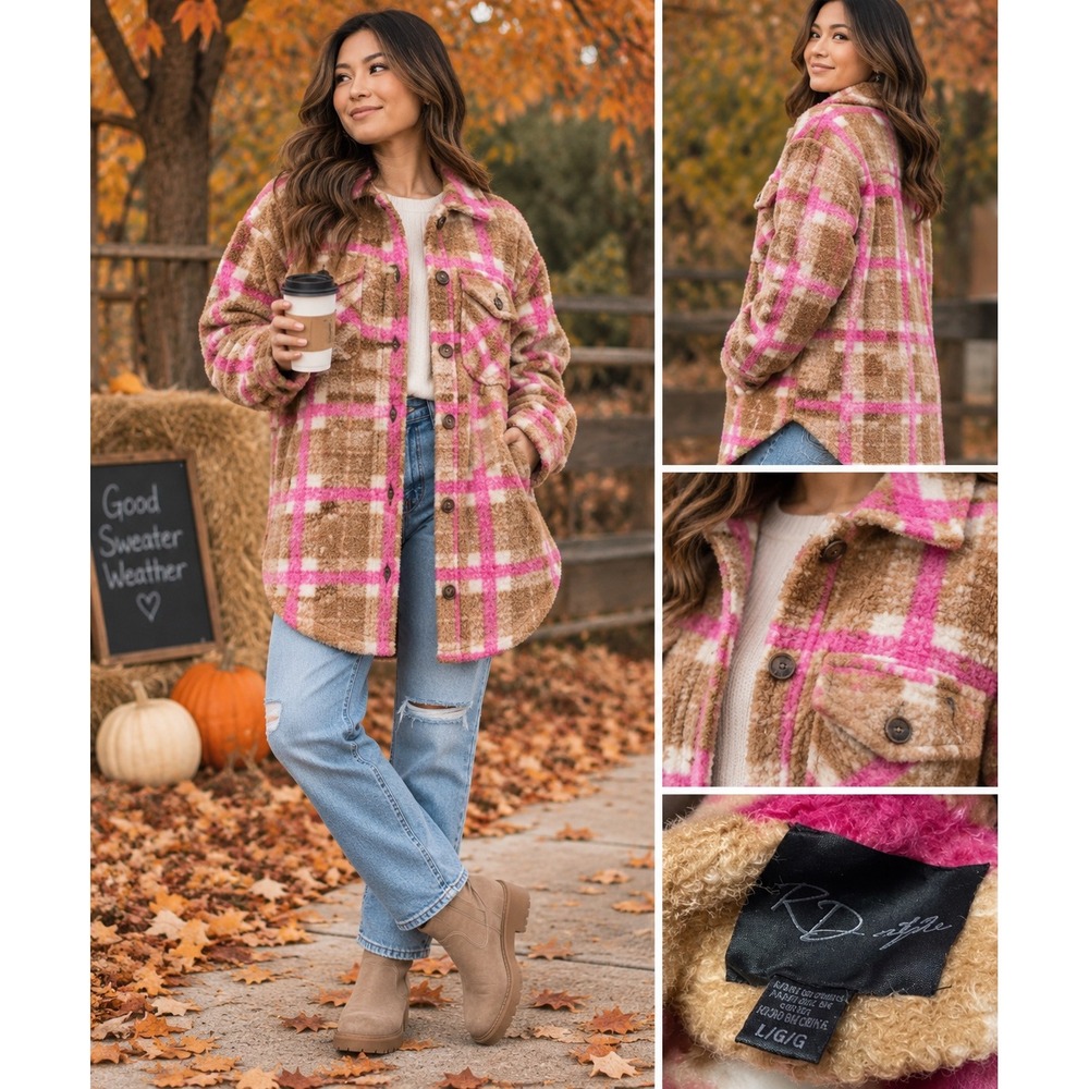 RD Style Plaid Shacket Womens Large Pink Tan Excellent Boucle Longline Jacket